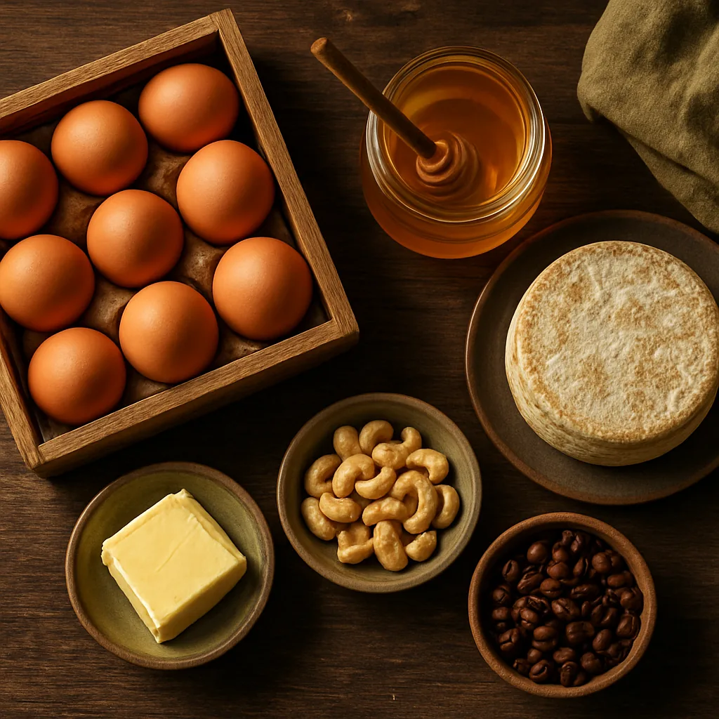 Seleção de produtos regionais premium: ovos caipiras, mel, queijo e café