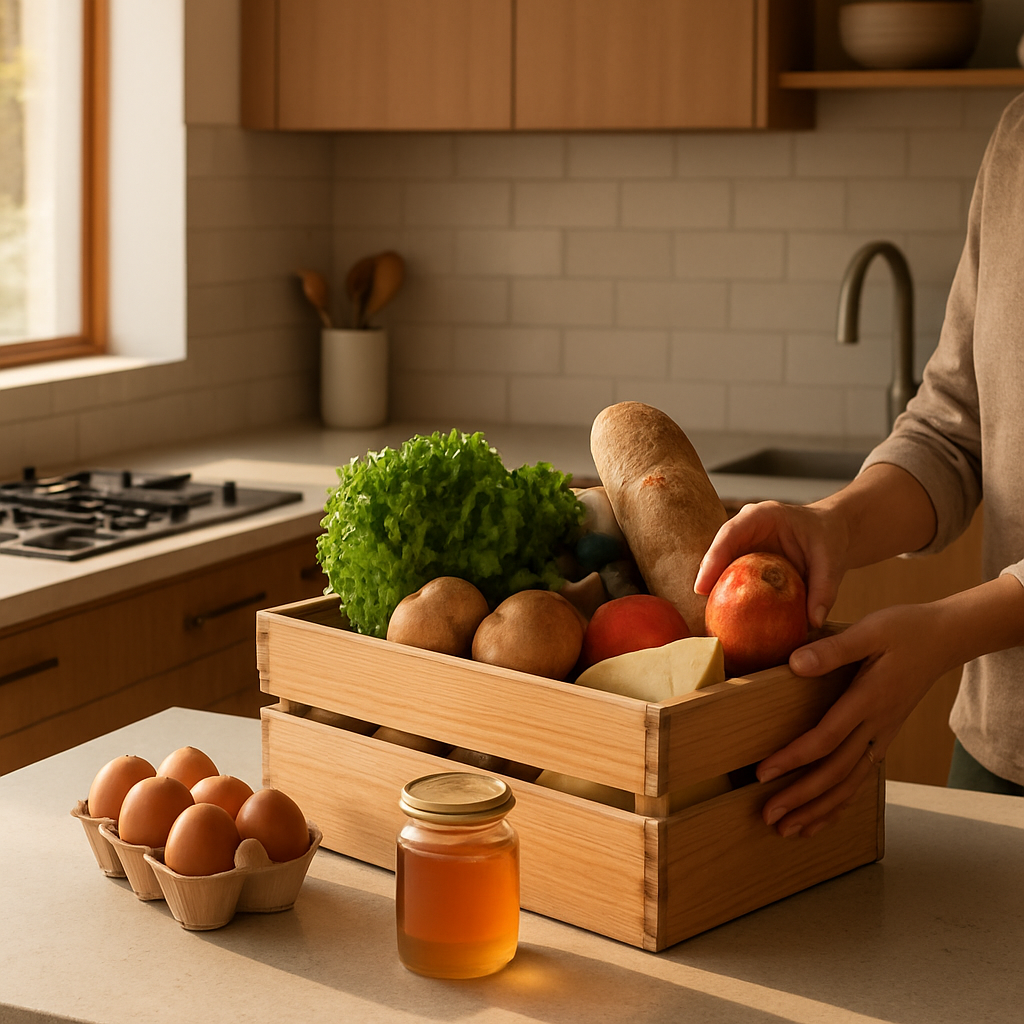 Caixa de produtos frescos sendo aberta em uma cozinha premium